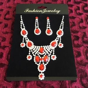 💃🏻red dangle earring and necklace rhinestone set